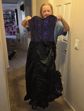 Purple and Black Strapless Midi Dress